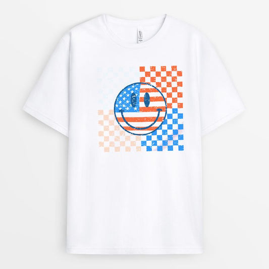 Happy Face Checkered Red & Blue 4th of July Tshirt